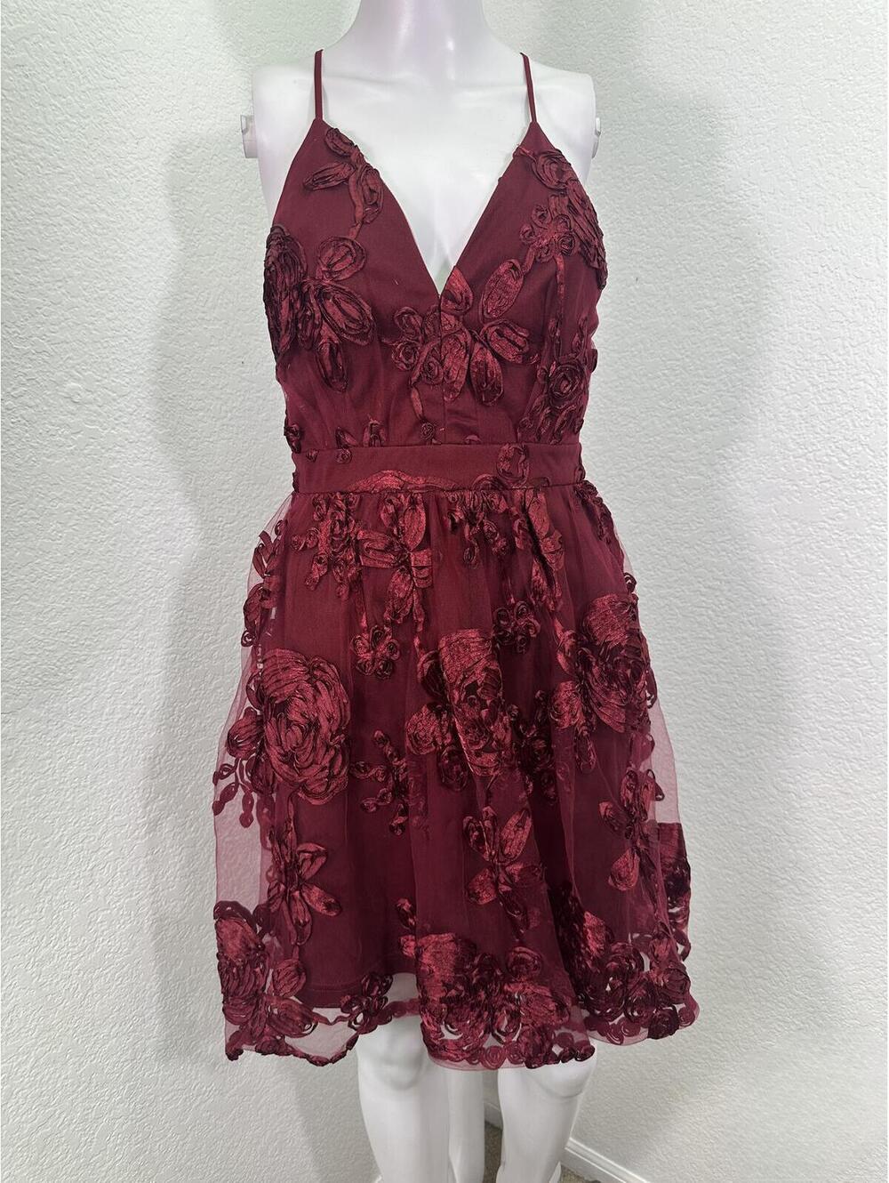 Title: Sz S Maniju Burgundy 3D Flower Dress Whimsigoth Dark Romance Fairycore